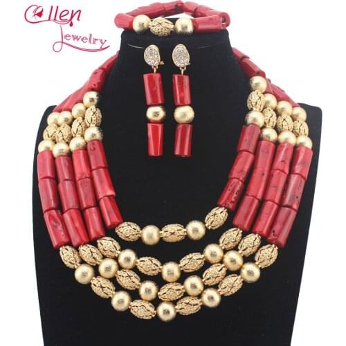 New Red Coral Beads African Nigerian Wedding Jewelry Sets Silver Plated Costume Indian Bridal Necklace Set Free Shipping W14042