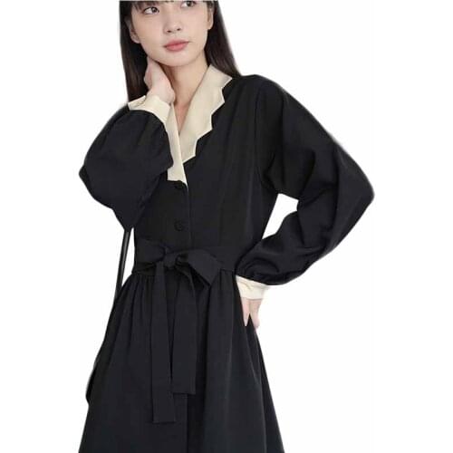 Autumn Winter Womens Dress New Belt Bandage Mid-long Dress Black Long Sleeve Elegant Female Office Dress Vestidos