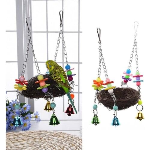 Pet Bird Nest Hammock Swing Hanging Parrots Nest Toys Parrot Budgie Parrot Bird Nest Straw Ornaments Swing Stand Frame