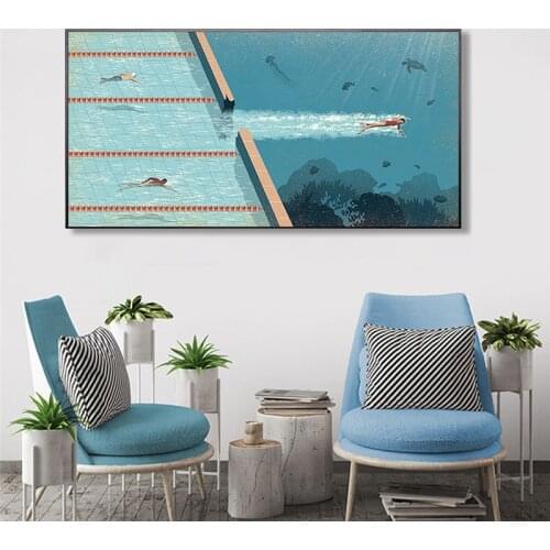 Blue Ocean Swimmer Canvas Print Painting Nordic Abstract Wall Art Poster Modern Living Room Home Decorative Pictures