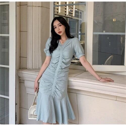 Spring Summer Pleated V-neck Mermaid Dress Medium Long Ruffled Hem Chic Dress