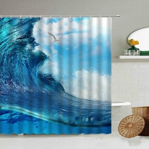 Blue Ocean Waves Seagull Spray Sunshine Landscape Shower Curtain Sea Natural Scenery Bathroom Bathtub Waterproof Cloth Curtains