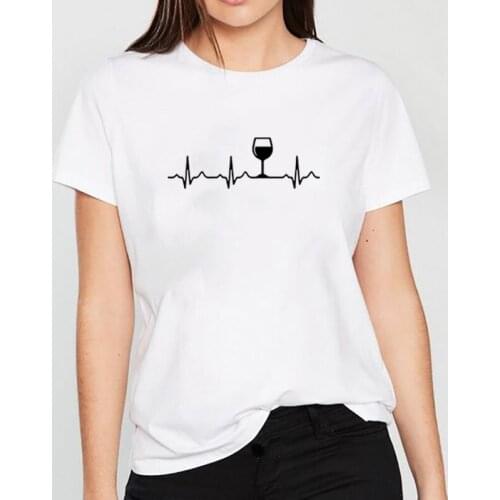 Wine Heartbeat Printed Short Sleeve Cotton T Shirt Women O-neck Funny T Shirt Women Black & White Casual Tee Shirt Femme