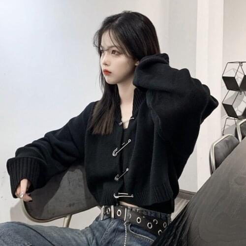 Big Pin Buckle Knitted Sweater Cardigans Black Jumpers Long Sleeve Autumn Korean Gothic Cropped Outwear Vintage Hip Pop Z102