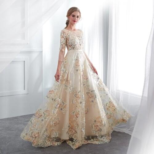 2020 Unique Design Lace Evening Dress 3/4 Sleeve A Line Floor Length Long Formal Evening Gown