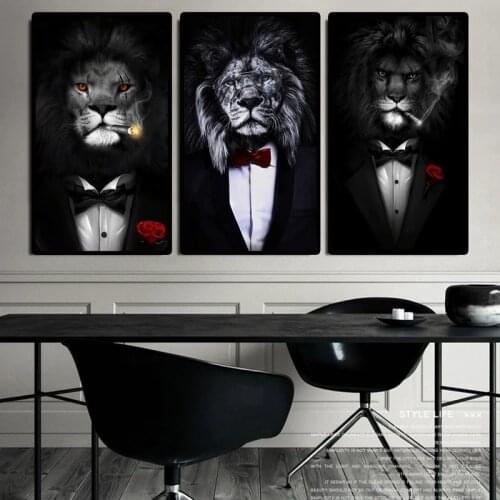Black Wild Lion in a Suit Canvas Art Posters And Prints Abstract Lion Smoking a Cigar Canvas Paintings On the Wall Art Pictures