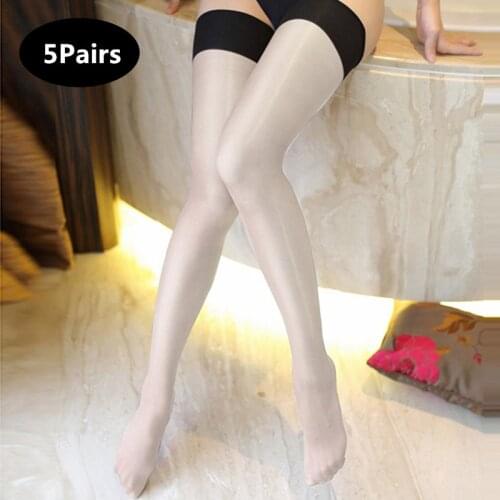 5Pairs Multicolor Color with Rib Top for Women 30D Stockings Oil Shine Retro Elastic Soft Material Medias Ladies Collant