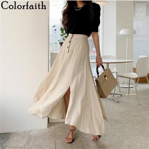Colorfaith 2020 Womens Skirts Summer Casual Vintage Elastic Waist Buttons Irregular Cotton and Linen Split Long Skirts SK8560