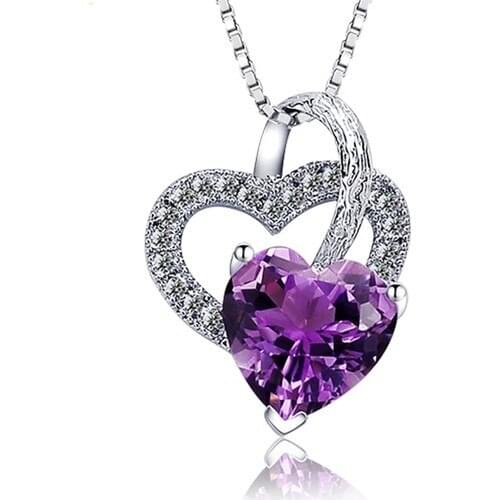 Enes Store Silver Amethyst Cubic Zirconia Double Heart Women Silver Necklace