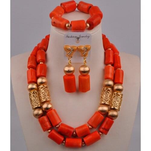 Fashion Orange Nigerian Coral Beads African Wedding Necklace Bridal Jewelry Sets 21-E2-02