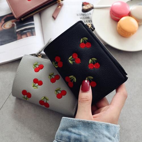 Fashion Lady Girl Cute Mini Money Bag Women Cherry Embroidery PU Leather Short Wallet Coin Purse Card Holders Popular FA$3