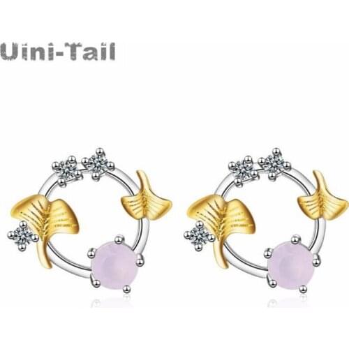 Uini-Tail hot new 925 sterling silver Korean sweet round fresh apricot leaf earrings temperament artificial crystal jewelry