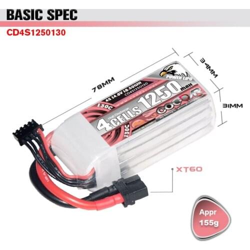 CDOOAR 1250mAh 130C 14.8V 4S Lipo Battery With XT60 Plug For BateFPV 95X Racing FPV Drone Helicopter Rc Quadcopter Parts