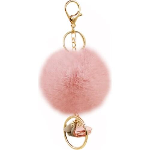 Cute Fluffy Rabbit Fur Pom Flowers Pom Ball Keychain Keyring Car Key Ring Chain Charm Women Bag Pendant School Bag Charm