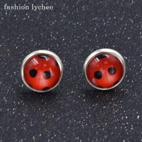 Fashion lychee Cute Mini Ladybug Insect Round Shape Stud Earrings Women Girls Ear Jewelry Birthday Gift Accessories