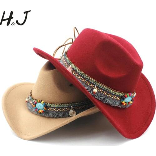 Fashion Womens Wool Hollow Western Cowboy Tassel Belt Elegant Lady Jazz Cowgirl Jazz Toca Sombrero Cap Size 56-58CM