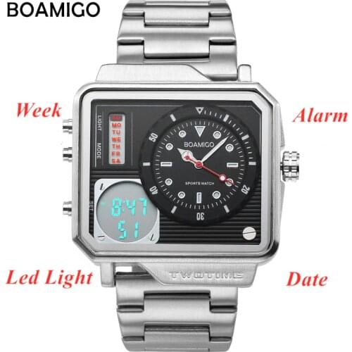 Brand BOAMIGO Led Digital Watch Men Auto Date Fashion Square Quartz Wristwatches Waterproof Stainless Steel Mens Watches