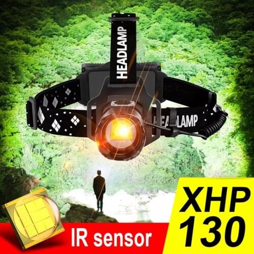 HEDELI 2021 Newest XHP130 LED Headlamp 18650 Headlight Infrared Sensor Head Lamp XHP90.2 Rechargeable Head Flashlight Zoom Torch