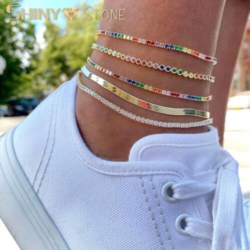 New Arrive Colorful Rainbow Cz Anklet Wholesale Jewelry For Women Beach Barefoot Lovely Adjustable Tennis Chain Anklet Leg Chain