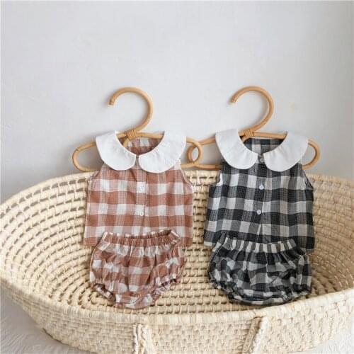 Baby Girls T-shirt Set Princess Summer New Newborn Baby Clothing Set Plaid For Girls Toddler Baby Vest +Shorts 2pcs Cotton 0-2Y