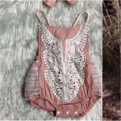 Wholesale Toddler Baby Girls Kids O-Neck Sleeveless Jumpsuits Fashion Flower Lace Print Bodystuits Romper Kids Buttons Clothes