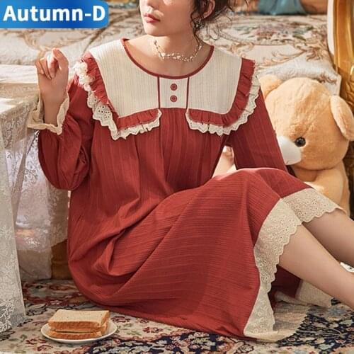 Autumn Plus Size Night Dress Women Cotton Nightgowns Long Sleeve Home Clothes Wear Lace Sleepwear Femal Nightie Retro Nightdress