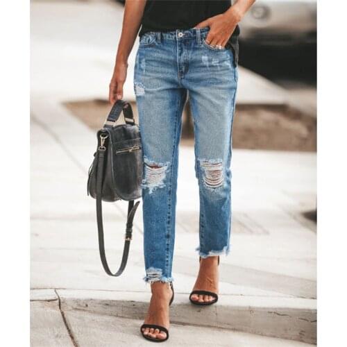 Casual Ripped Solid Jeans Vintage Tassel Slimming Mid Waist Lady Denim Trousers Fashion Hole Washed Ankle Length Pants For Women