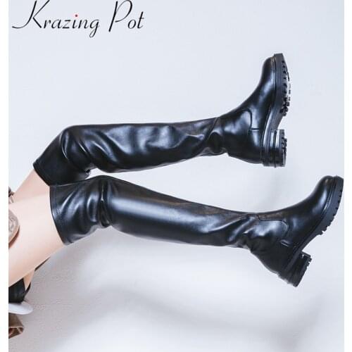 Krazing Pot big size cow leather solid round toe slip on stretch thigh high boots streetwear model riding over-the-knee boots