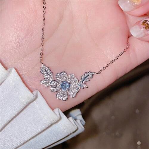 Exquisite Real 925 Sterling Silver Flower Necklace Chain for Women Shiny Zircon Pendant Short Chain Charms Fine Jewelry 2021