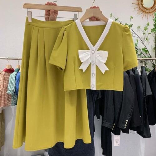 Bow Neck Women Skirts Sets Summer New 2021 V-Neck Yellow Shirts And A-Line Knee-Length Elegant Office Lady Clothing Suits