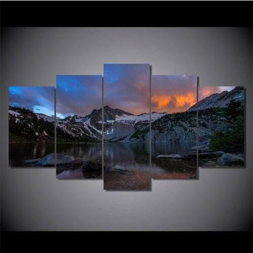 5 Panel Snow Mountain Lake Landscape Art Painting For Home Room Decor Print Poster Canvas Painting Framework