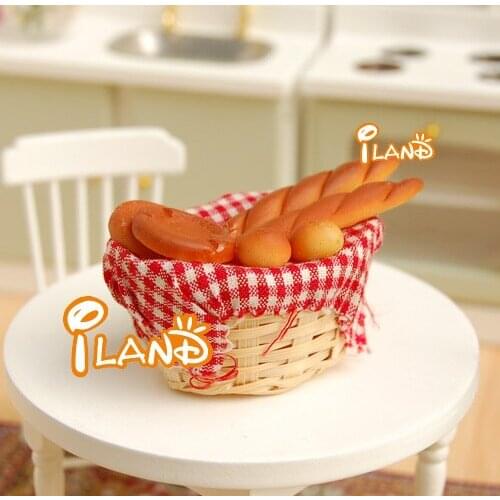 Free Shipping 1/12 Dollhouse Miniatures Food Bread Bamboo Basket with Bread