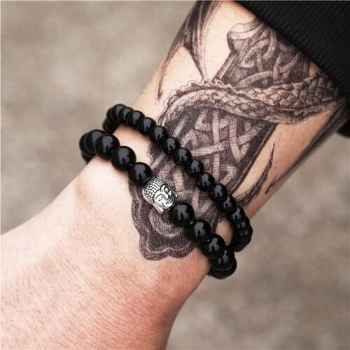2pcs/set 6mm 8mm black Stone beads bracelet buda pulseira mens jewelry accesorios Men armband buddha bracelets homme bijoux