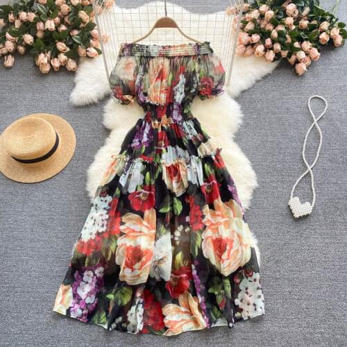 Flower Series Elegant Chiffon Dress Summer New Style One-shoulder Puff Sleeve Self-cultivation Mid-length Holiday Skirt