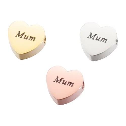 Fnixtar 20Pcs Engrave Mum Heart Beads Mirror Polish Stainless Steel Beads For DIY Making Necklace Braid Bracelets Jewelry