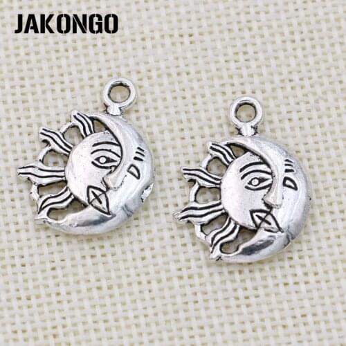 JAKONGO Antique Silver Plated Sun Moon Face Charm Pendant for Jewelry Accessories Making Bracelet Findings DIY 27x21mm 10pcs/lot