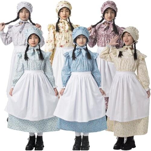 Vintage Colonial Dresses Children Lolita Victorian Pioneer Pilgrim Wench Rural Floral Prairie Costume
