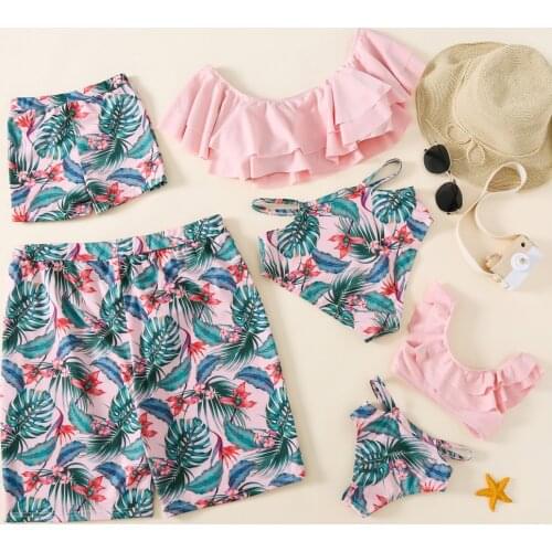 Mommy And Me Swimwear Flounce Mother Daughter Bikini Swimsuits Family Matching Clothes Dad Son Swim Shorts