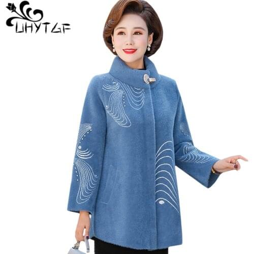 UHYTGF Autumn winter coat women quality imitation mink cashmere woolen jacket Middle aged Female Casual loose plus size coat 845