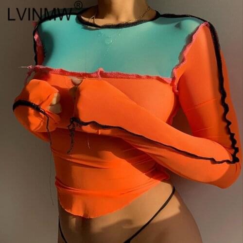 LVINMW Sexy Mesh Transparent Long Sleeve O Neck Hit Color Crop Top 2020 Women Fashion Splice Slim tshirt Tops Outfits Streetwear