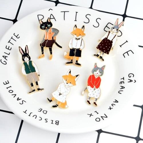 Cute cartoon animal enamel pin Mr. Cat Mr. fox Miss rabbit brooches Shirt bag jewelry Player bunny Lapel pin badge friend Gift