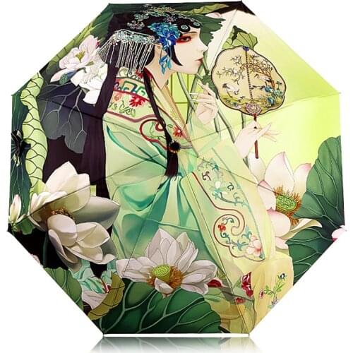 Fashion Illustration Chinese Pekin Opera Girl Rain / Sun Umbrella 3 Folding Thickening Anti UV Abstract Art Women Umbrellas