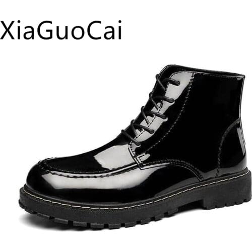 Genuine Leather Mens Martin Boots Mens High-Up Bright Leather Boots Fashion Black Lace Up Male Flat Boots