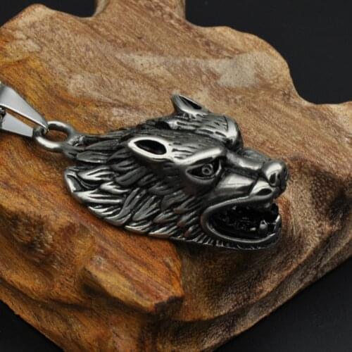 Men 316L Stainless Steel Wizard Witcher Norse Vikings Wolf Head Pendants Necklaces for Men Jewelry 24"