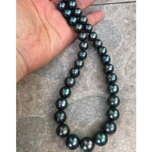 Stunning 10-15mm freshwater round black green pearl necklace 18inch 925silver