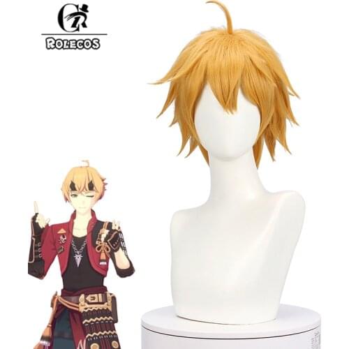 ROLECOS Game Genshin Impact Tohma Cosplay Wig 55cm Yellow Men Wigs Heat Resistant Synthetic Hair