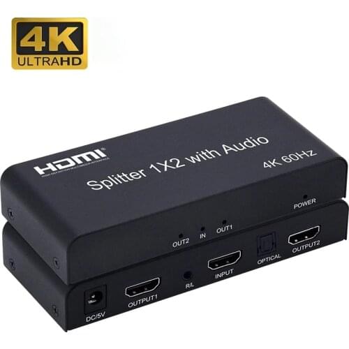 4K HDMI Splitter with stereo audio out HDR 4K 60Hz HDMI 2.0 Splitter 1 in 2 out with toslink audio +R/L for PS5 PS4 pro apple TV