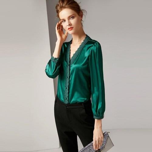 Fashion Shirt European American Women Clothing New V-neck Long Sleeve Pure Color Mulberry Silk Shirt Women Top