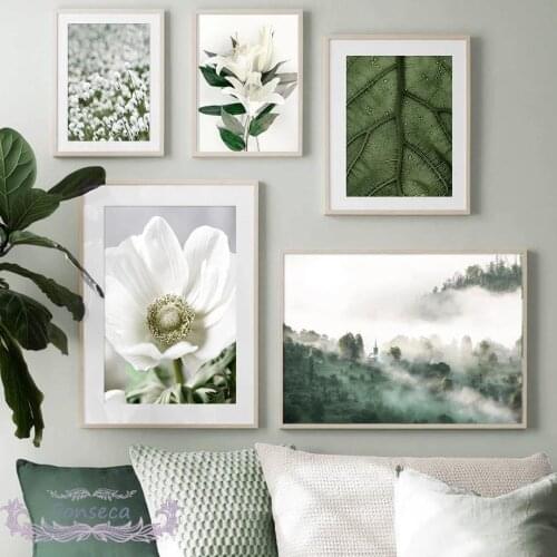 Nordic Fog Forest Castle Posters and Prints Anemone Flower Cotton Grass Lily Leaf Canvas Painting Modern Wall Art Pictures