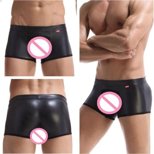 Temptation Men Faux Leather Underpants Sheer Mesh Crotch Shorts See Through Convex Pouch Boxer Shorts Low Waist Sexy Underwear